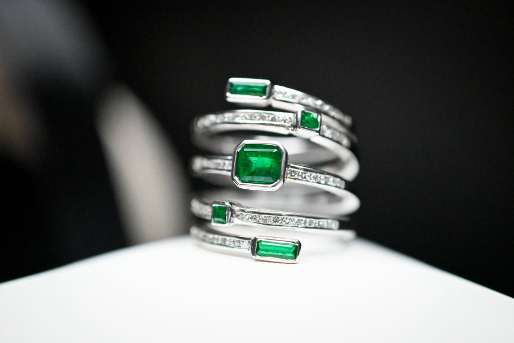 Emerald and Diamond Spiral Ring