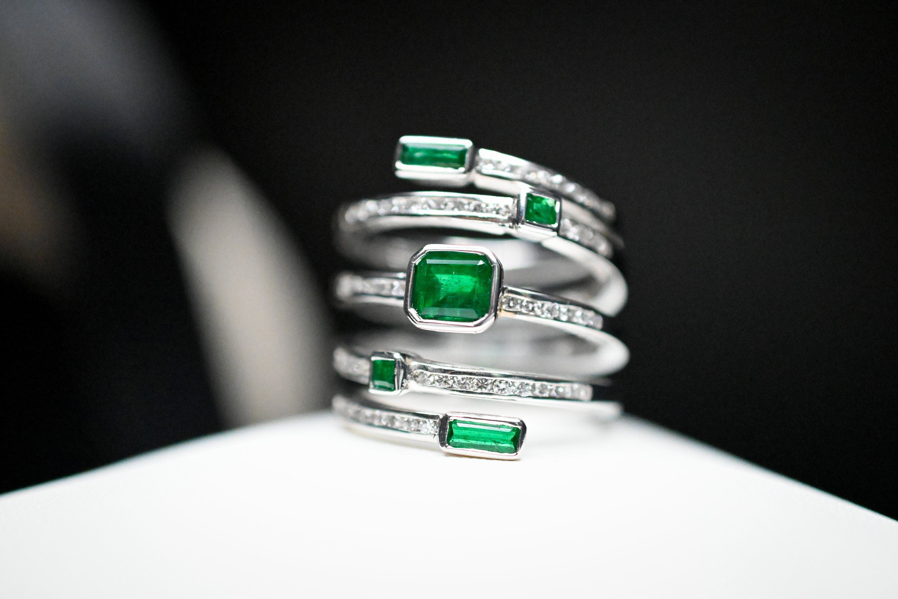 Emerald and Diamond Spiral Ring