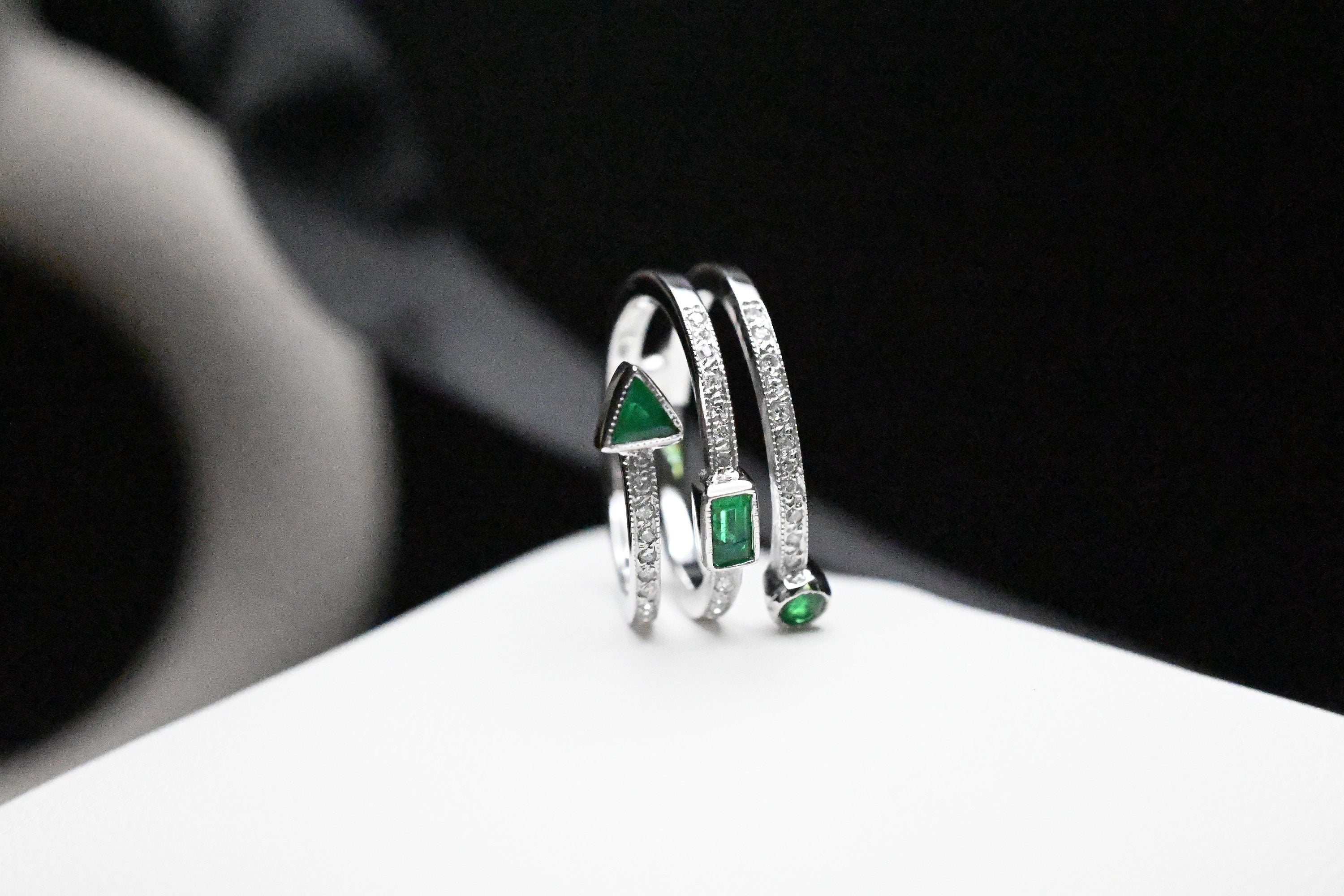 Triple Row Spiral Diamond & Geometric Emerald Ring