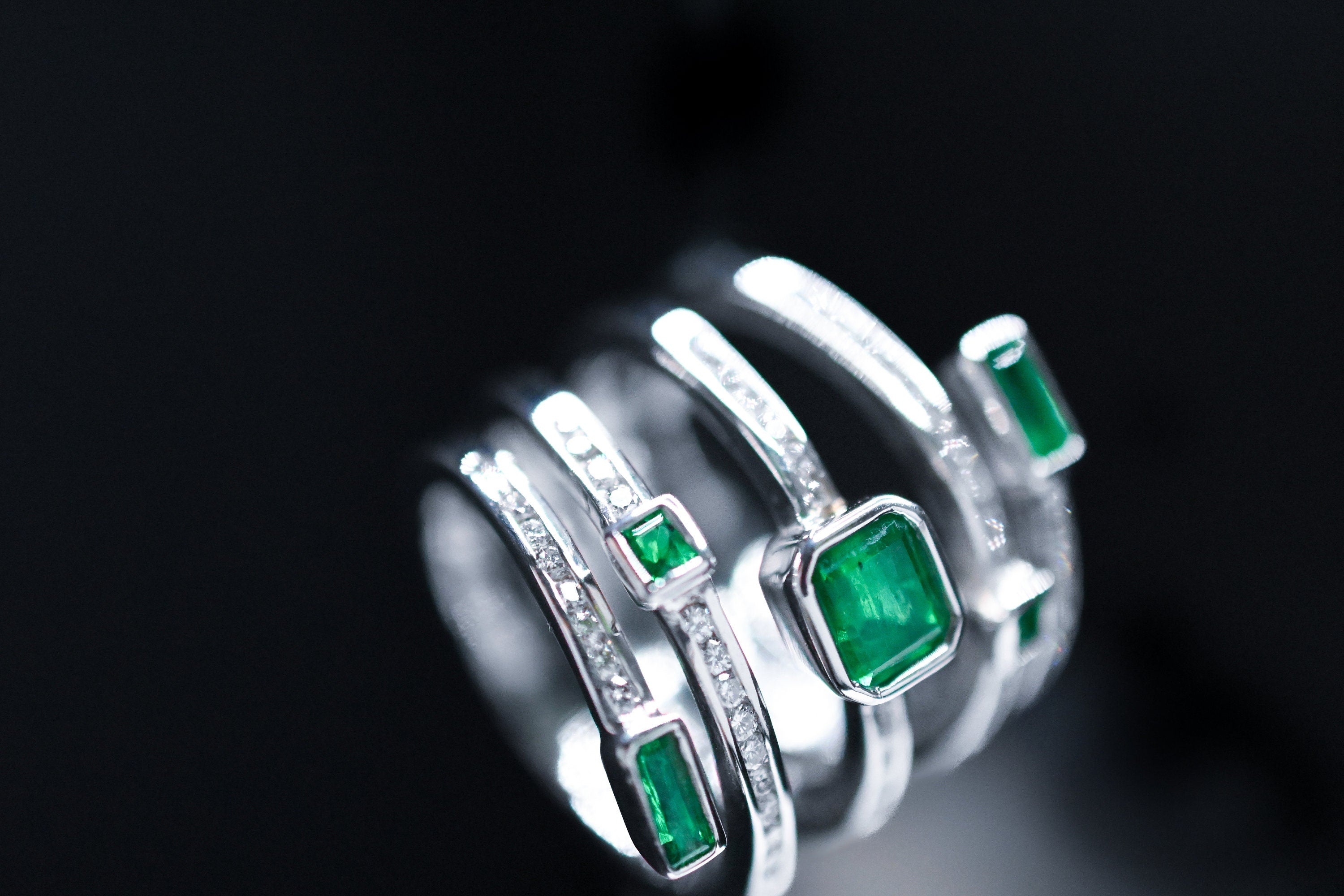 Emerald and Diamond Spiral Ring