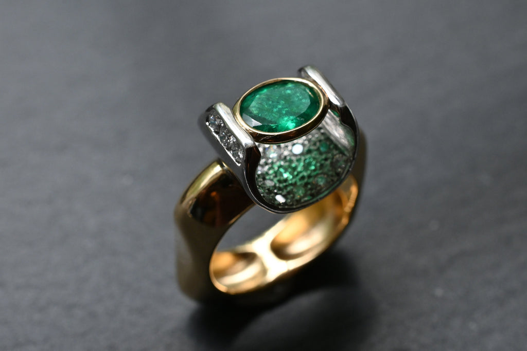 Oval Colombian Emerald Ring with Diamond Pavé Blanket