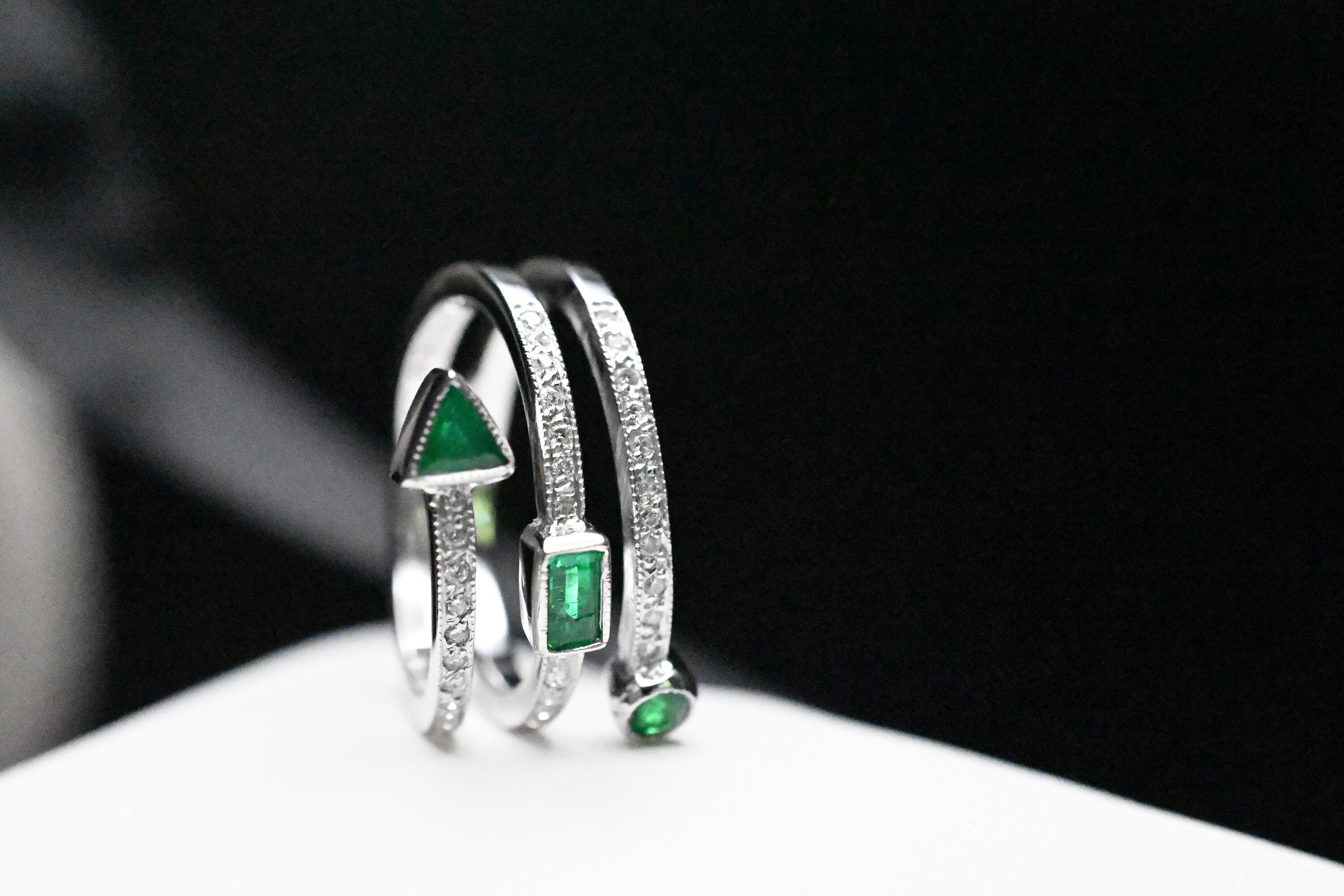 Triple Row Spiral Diamond & Geometric Emerald Ring