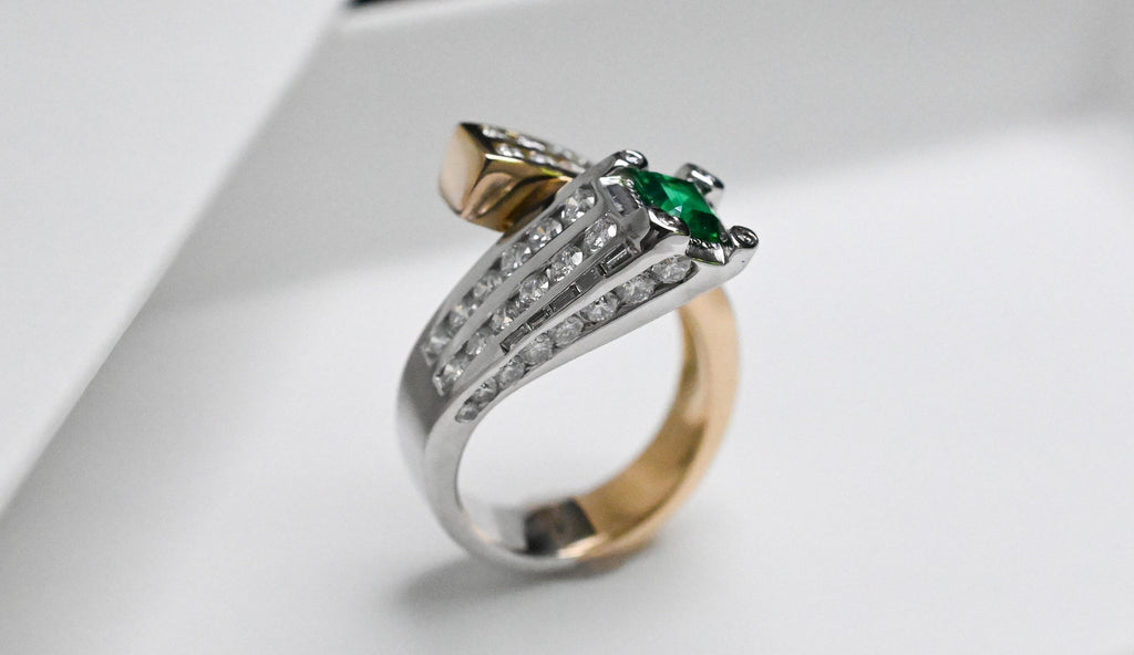 Two-Tone Twist Ring with Colombian Emerald & Diamond Accents