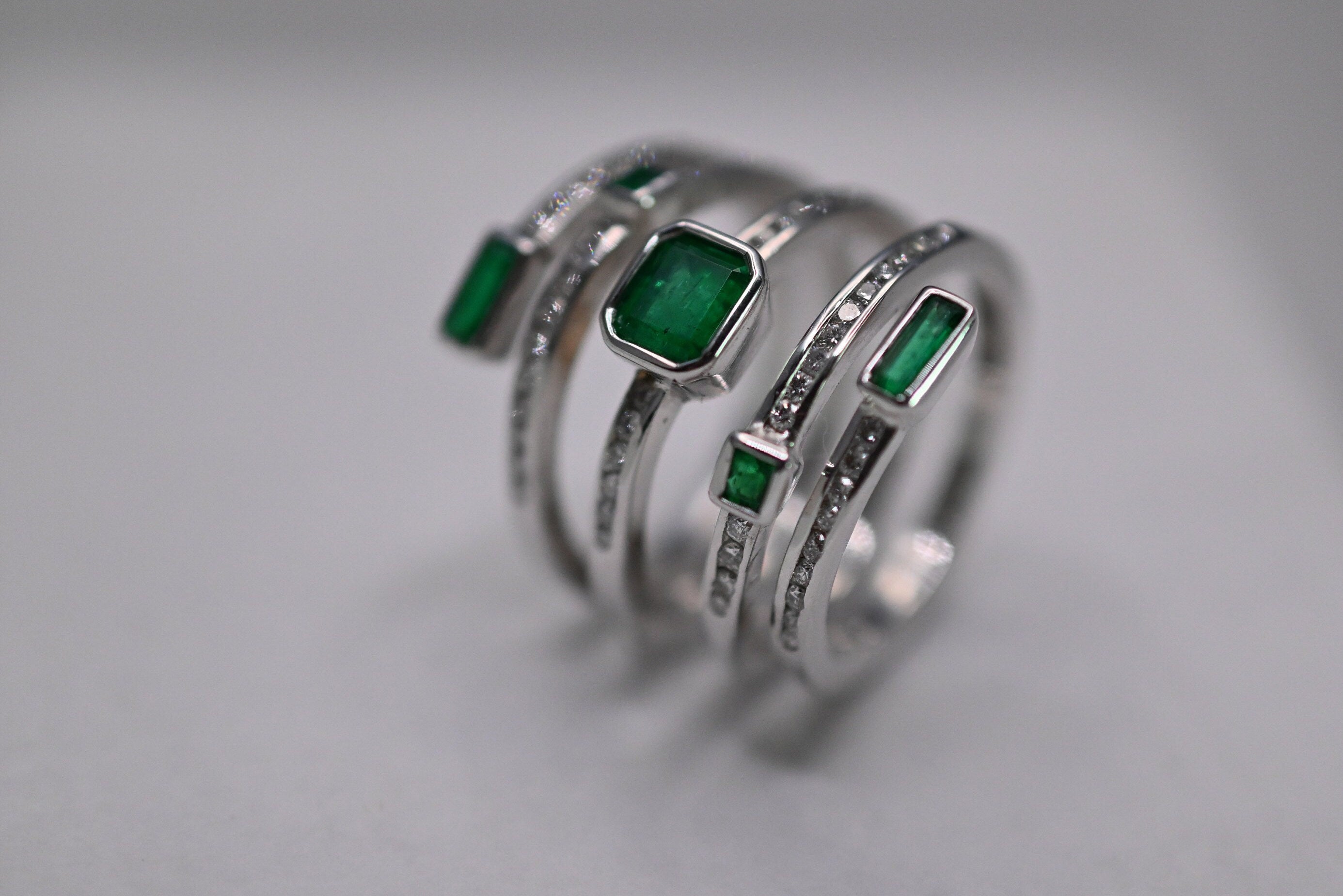 Emerald and Diamond Spiral Ring