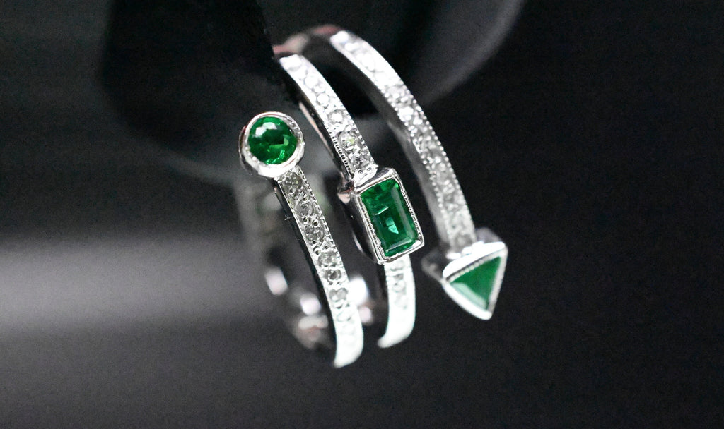 Triple Row Spiral Diamond & Geometric Emerald Ring