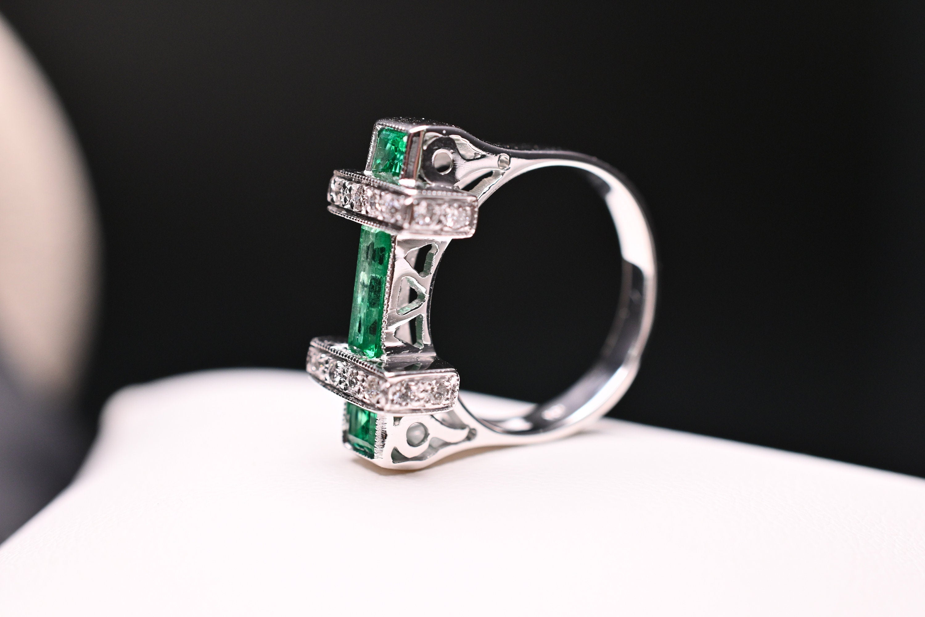 Art Deco Baguette & Princess Cut Colombian Emerald Ring