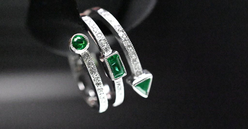 Triple Row Spiral Diamond & Geometric Emerald Ring