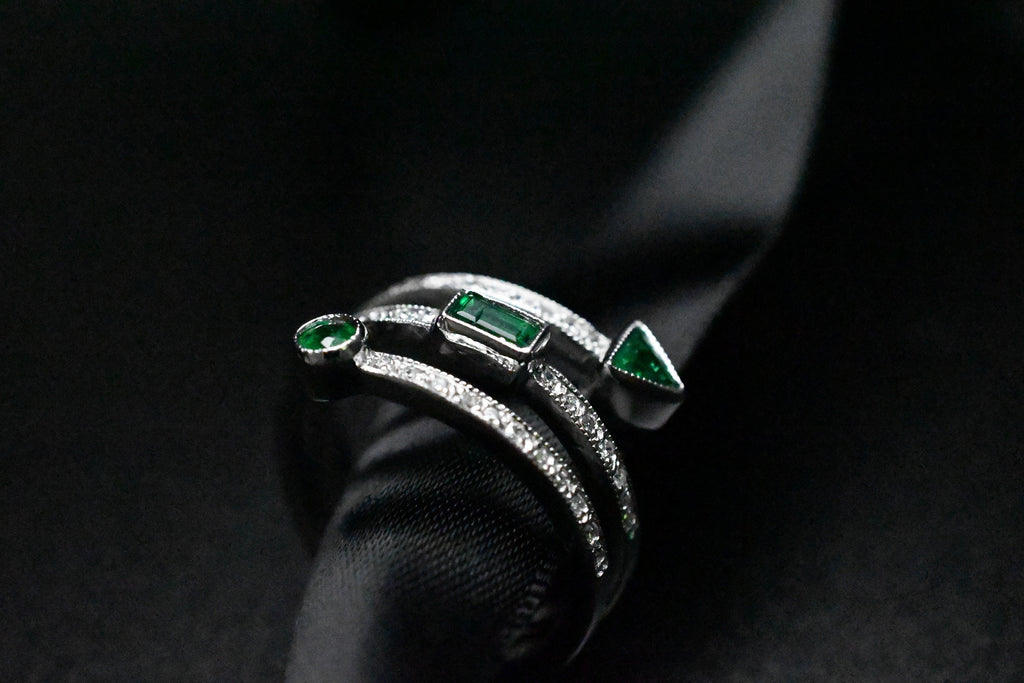 Triple Row Spiral Diamond & Geometric Emerald Ring