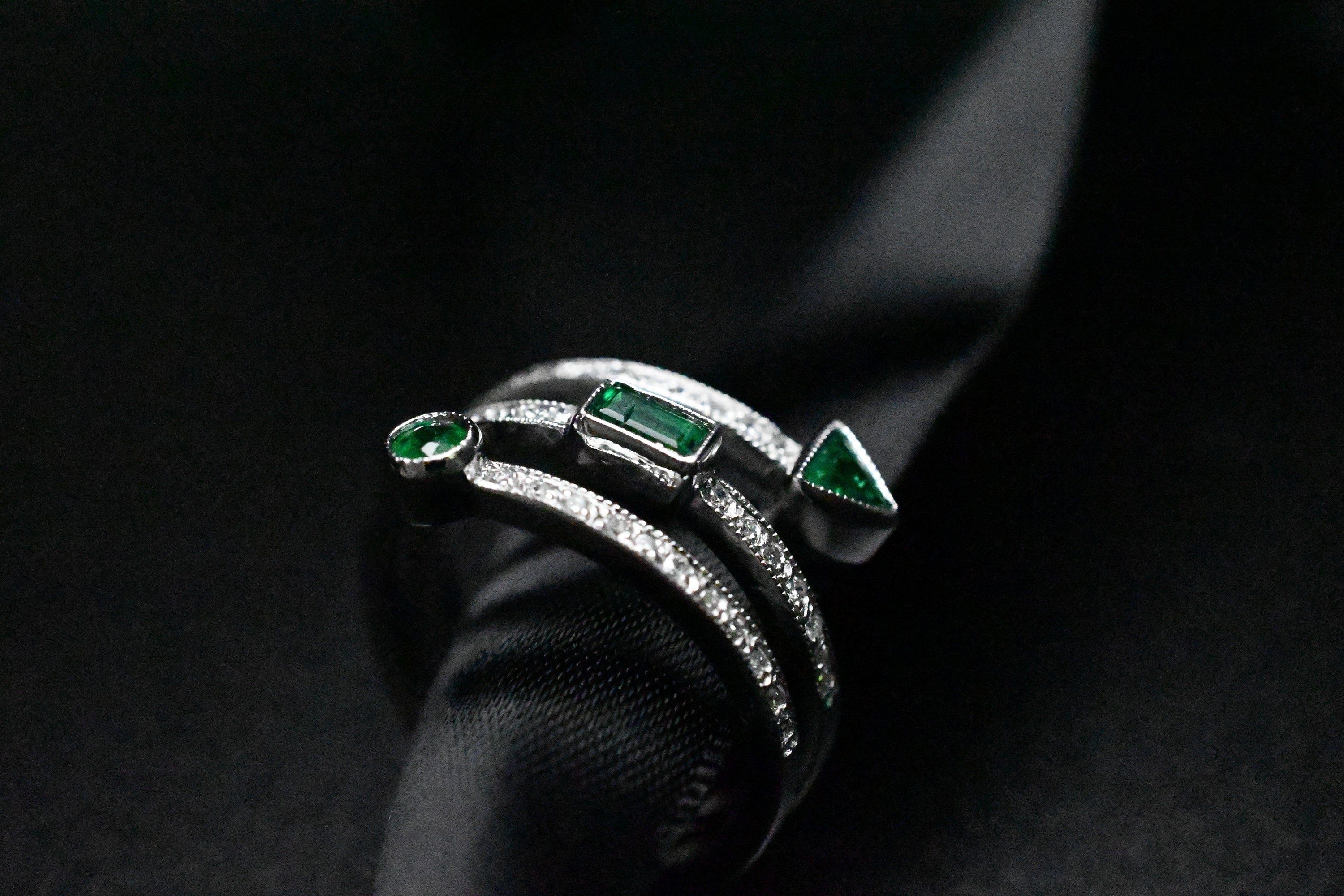 Triple Row Spiral Diamond & Geometric Emerald Ring
