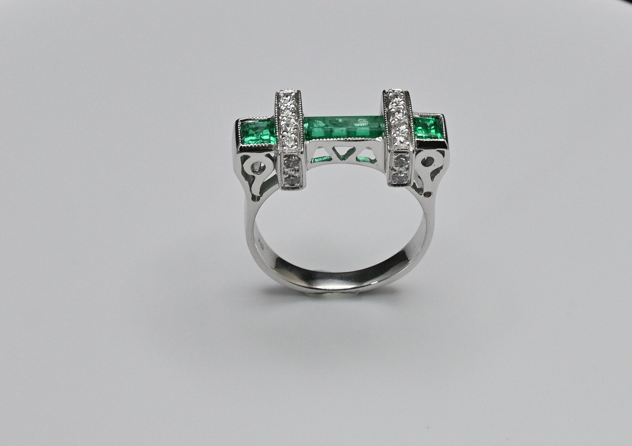 Art Deco Baguette & Princess Cut Colombian Emerald Ring