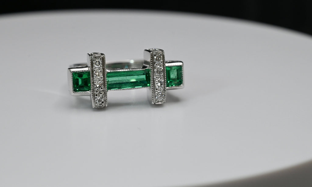 Art Deco Baguette & Princess Cut Colombian Emerald Ring