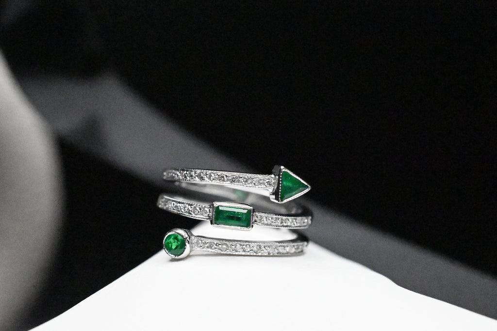 Triple Row Spiral Diamond & Geometric Emerald Ring