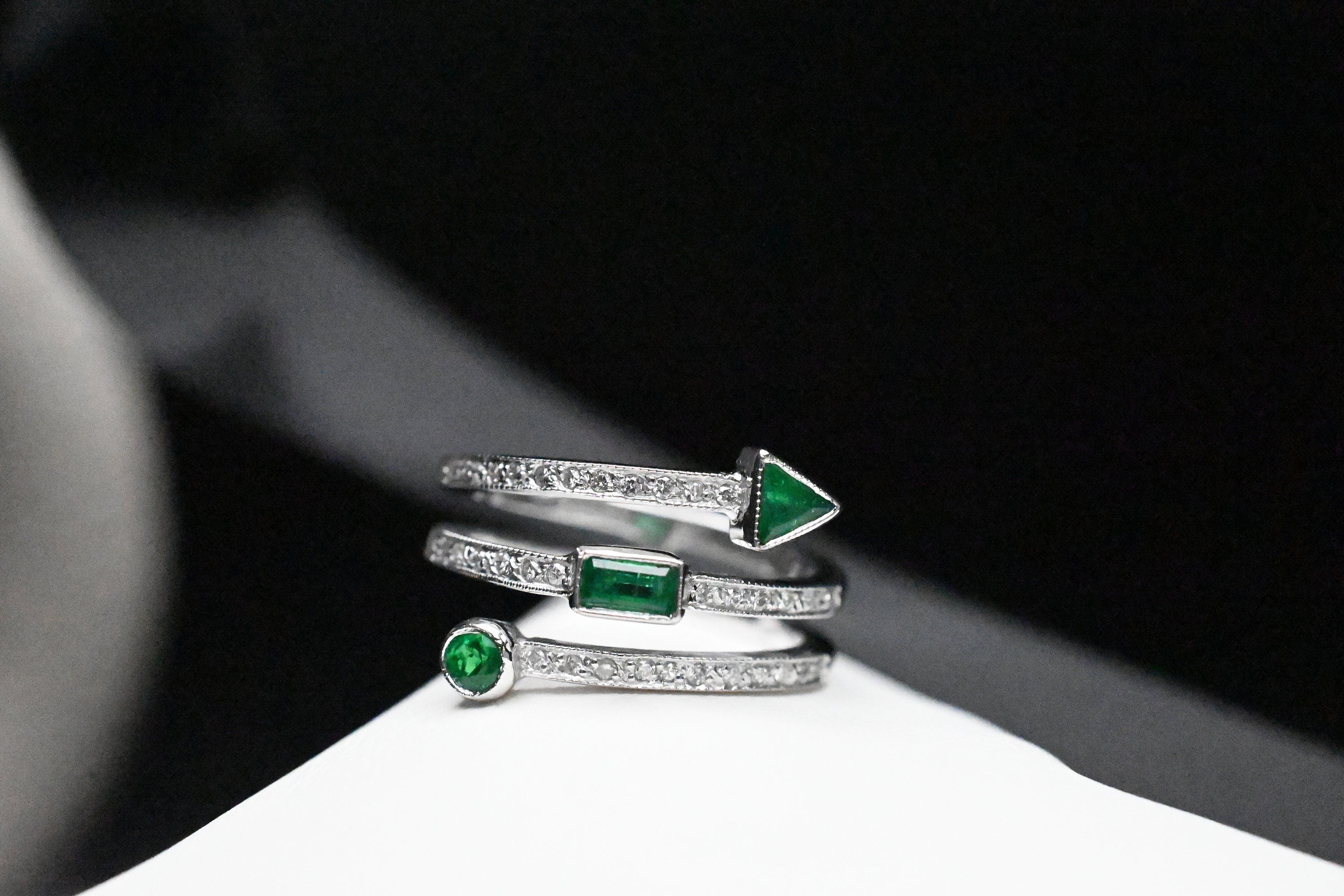 Triple Row Spiral Diamond & Geometric Emerald Ring
