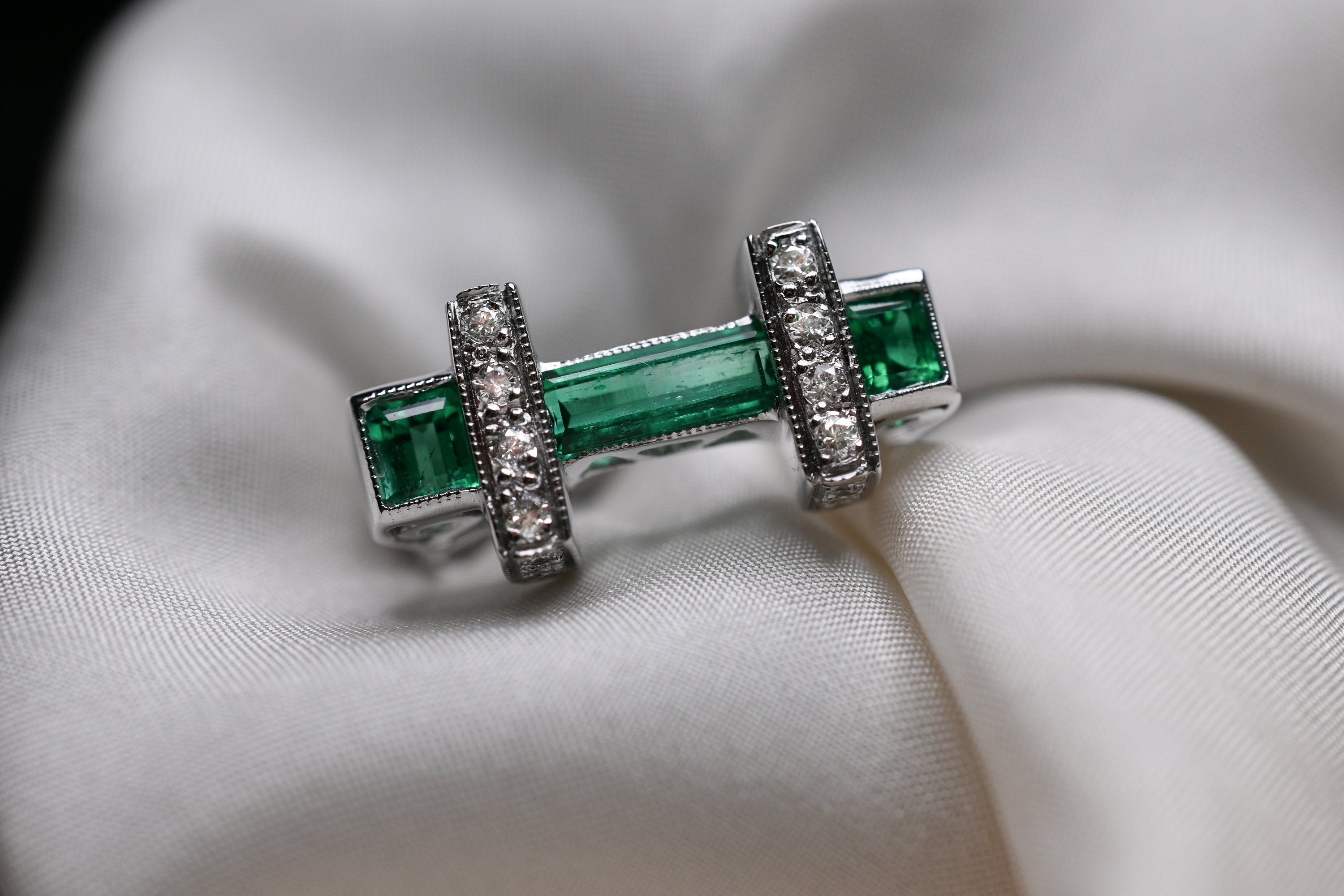 Art Deco Baguette & Princess Cut Colombian Emerald Ring