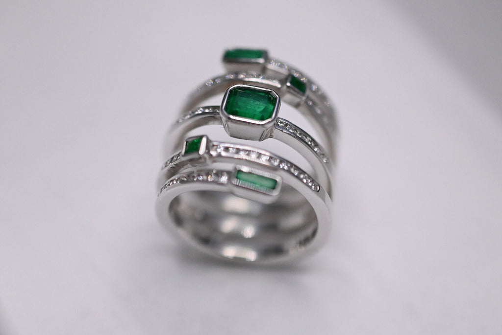 Emerald and Diamond Spiral Ring