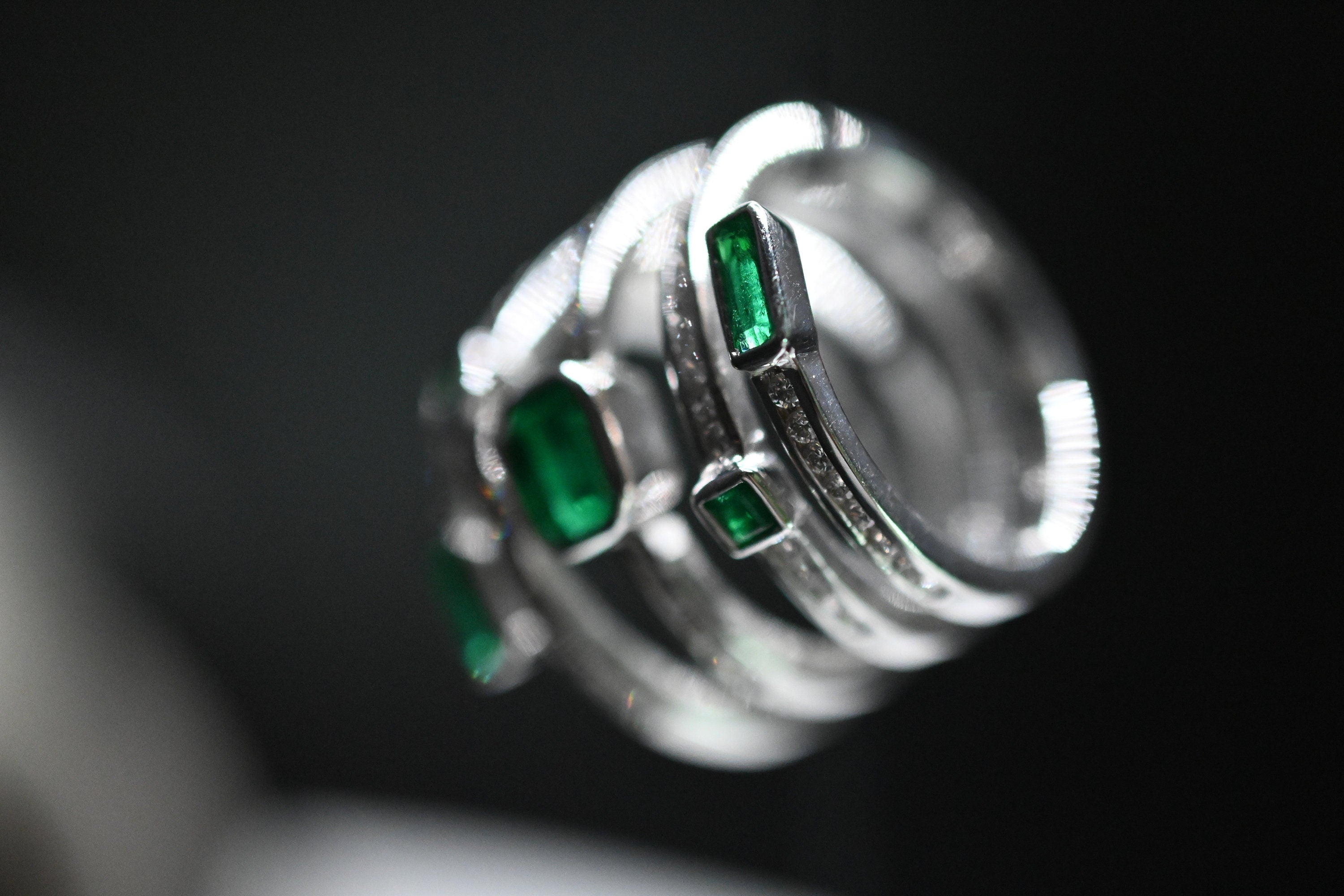 Emerald and Diamond Spiral Ring