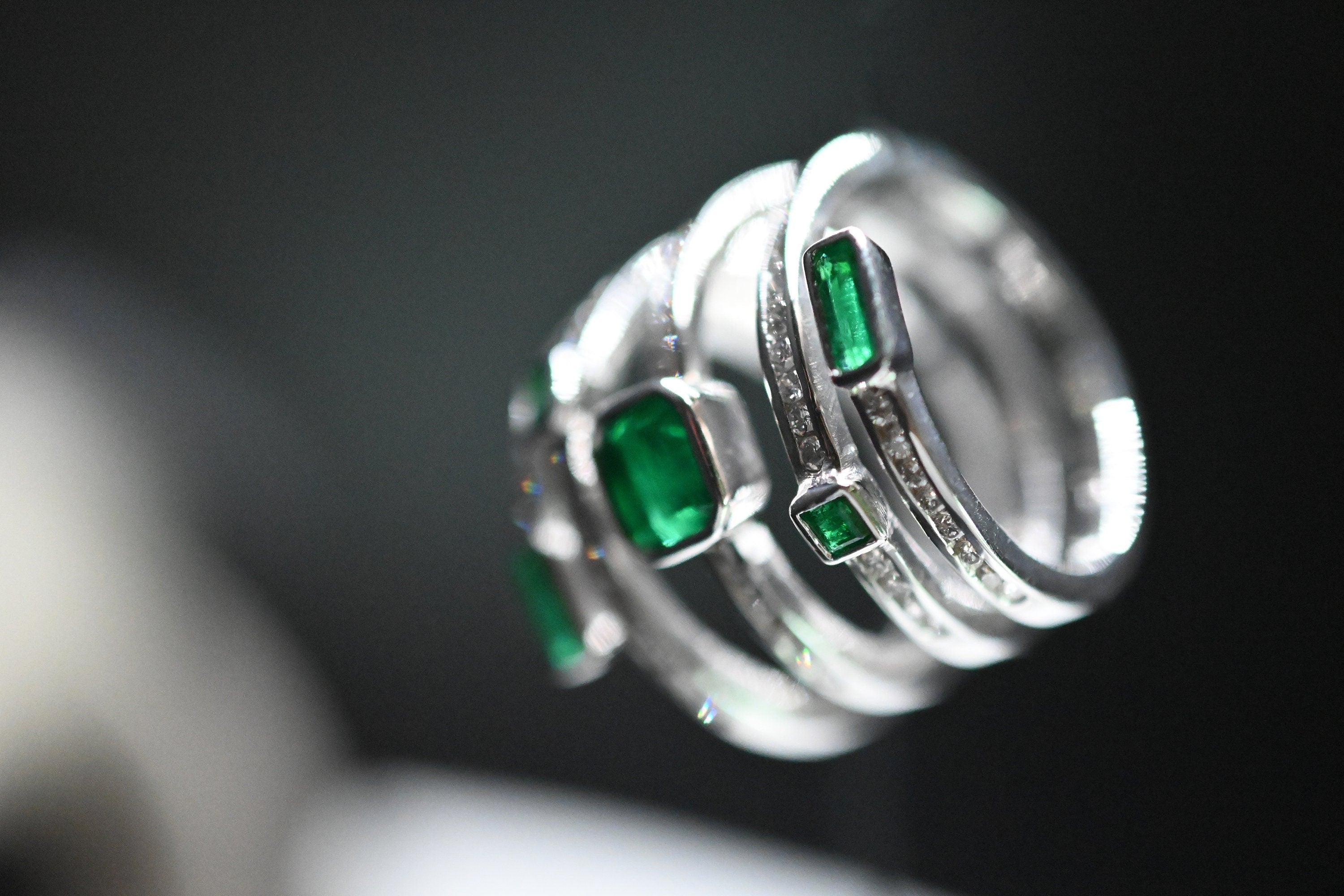 Emerald and Diamond Spiral Ring