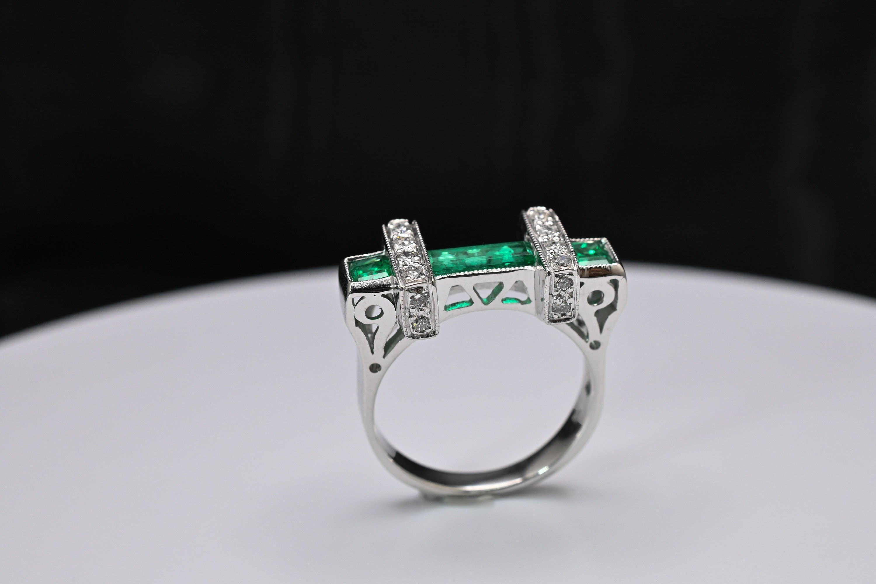 Art Deco Baguette & Princess Cut Colombian Emerald Ring