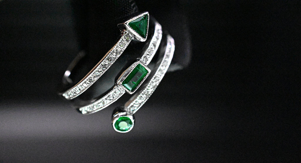 Triple Row Spiral Diamond & Geometric Emerald Ring