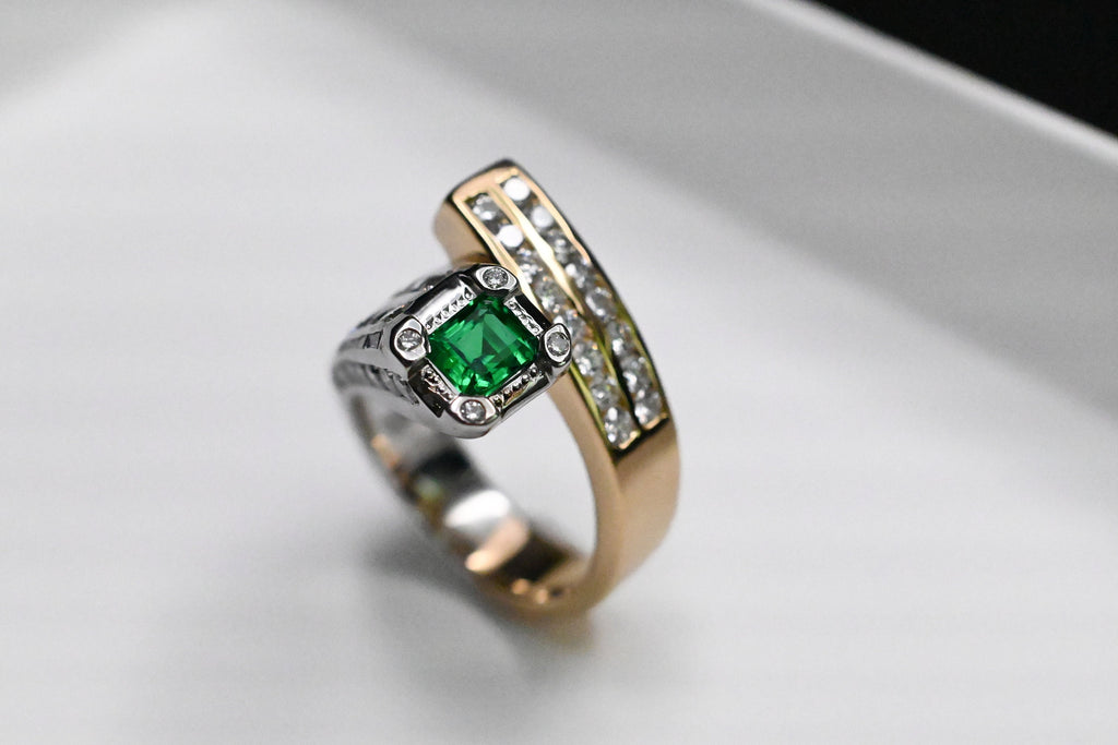 Two-Tone Twist Ring with Colombian Emerald & Diamond Accents