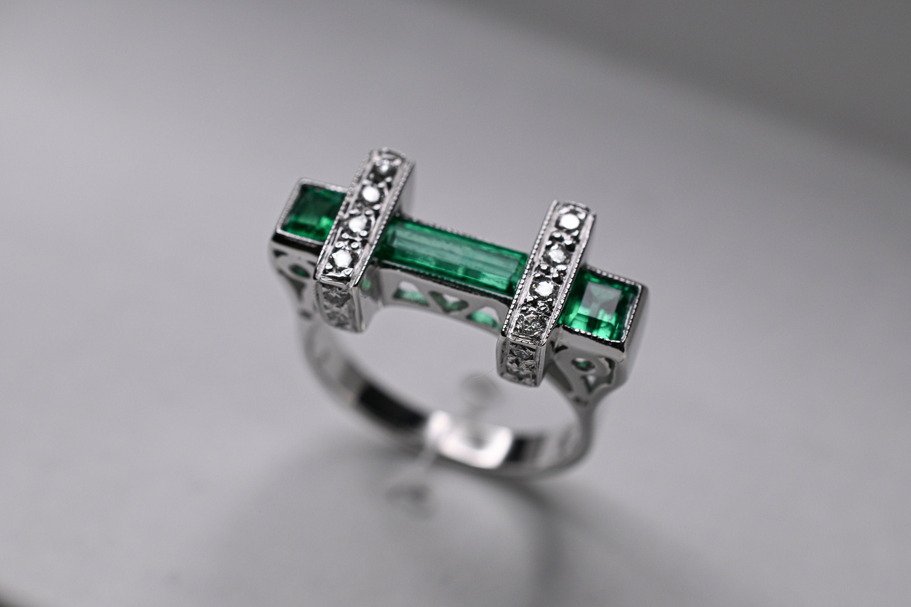 Art Deco Baguette & Princess Cut Colombian Emerald Ring